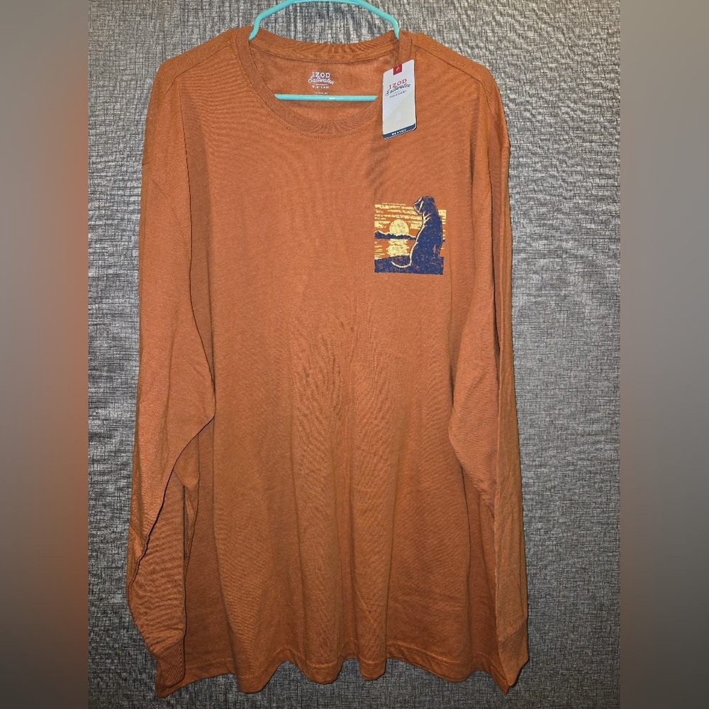 3XL Izod Saltwater Men's Orange Long Sleeve Shirt With Lab Sitting In Sunset